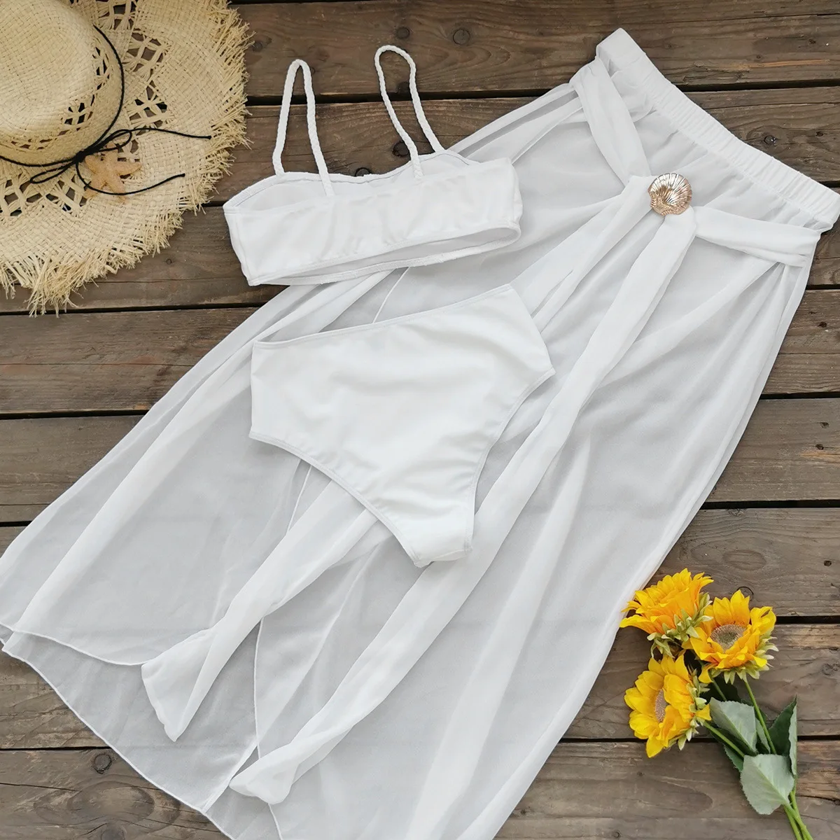3Pcs Sexy Bikini Set With Cover Up Shell White Swimsuit Women Halter Swimwear Female Off Shoulder Bathingsuit Biquini Beachwear