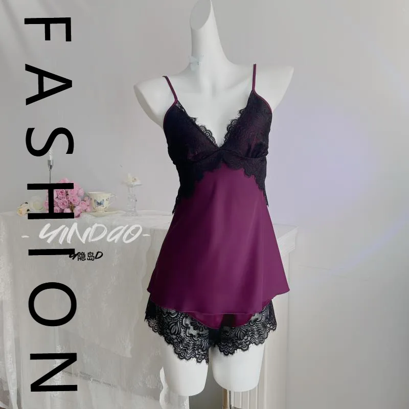 

Ice silk pajamas women's new summer suspender shorts two-piece set summer with chest pad lace loungewear new outside