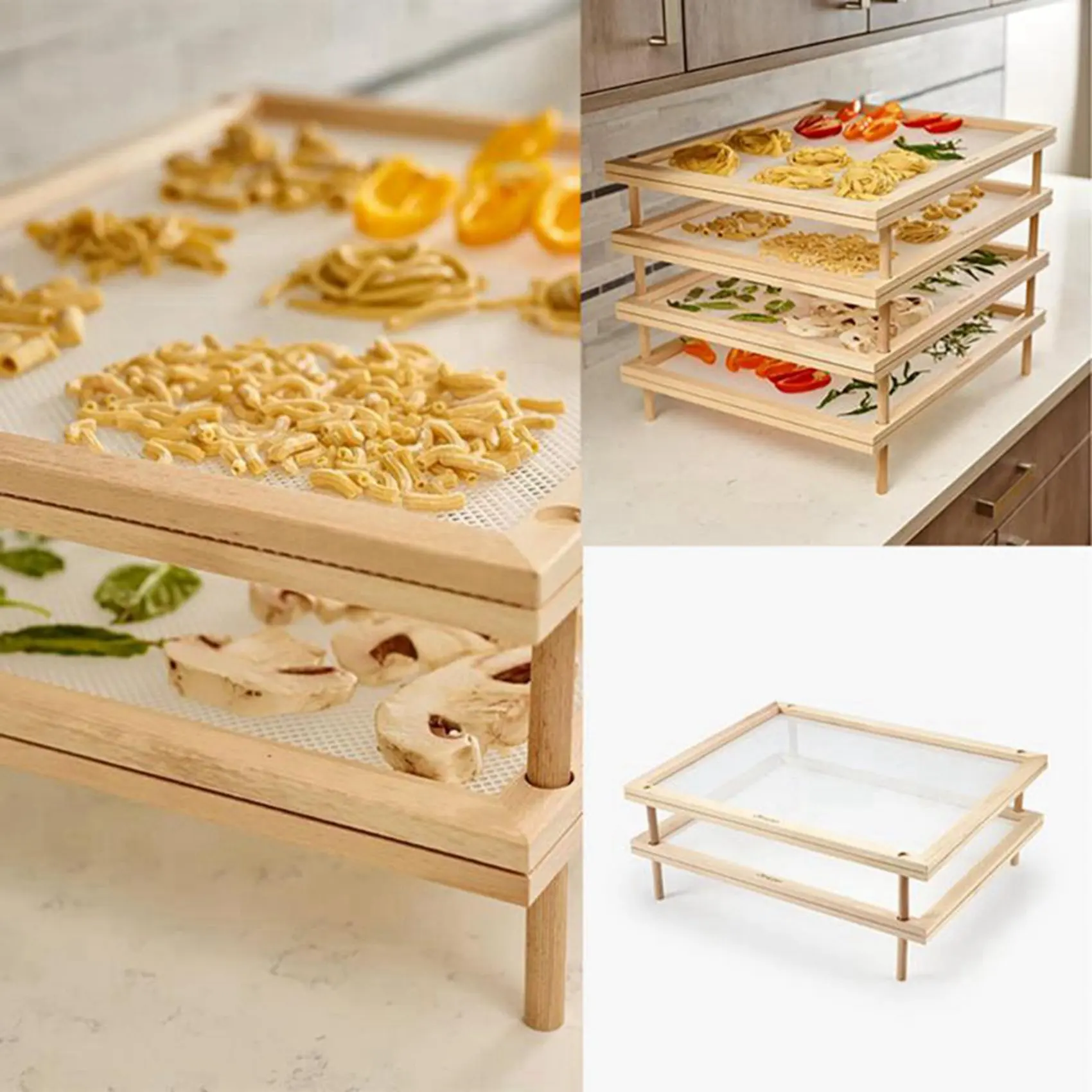 FAST-4X Collapsible Pasta Drying Rack, Noodle Dryer Natural Wood Noodle Drying Rack With 4 Single Base Stick