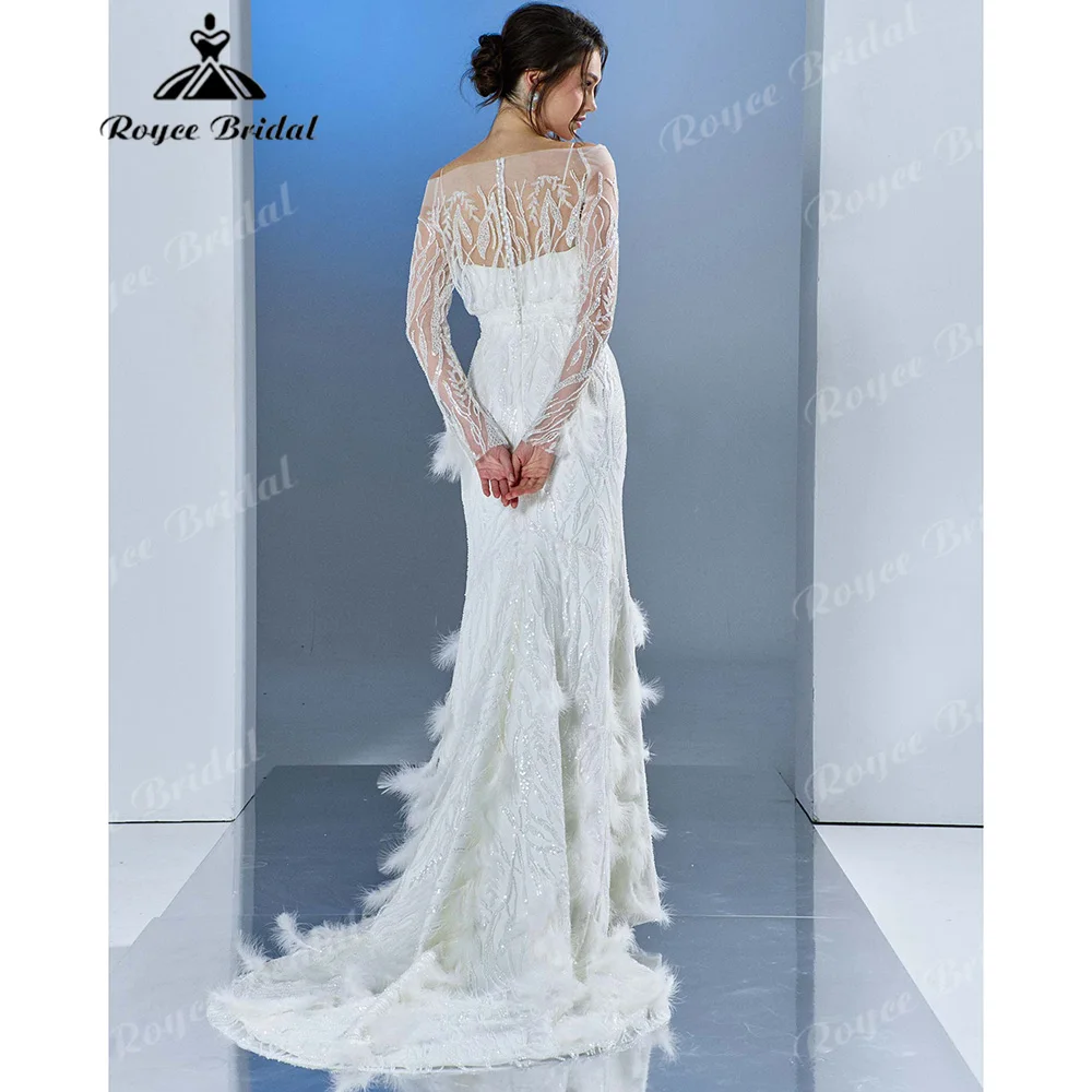 2027 Mermaid Wedding Dress Illusion Boat Neck Long Beaded Sleeves Ostrich Feather Decoration Vestido De Novia Customized