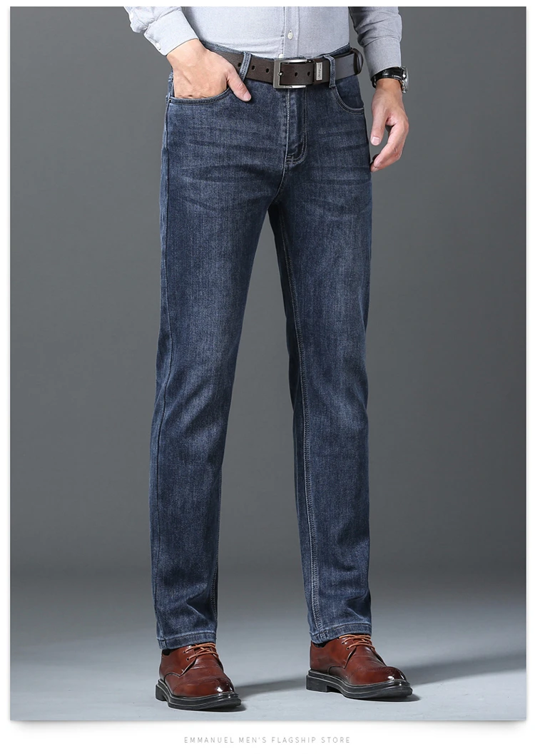 New Winter Men's Jeans Business Straight Tube Comfort Trousers Leisure High Elastic Zipper Classics Blue Denim Men's Pants
