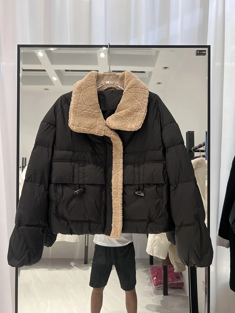 Koreanische Version Mode Reverskragen Lammwolle lässig vielseitige weiße Ente Daunenjacke trendiges Design Sinn Frauen Daunenjacke