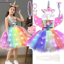 2024 Girls Shiny Unicorn Tutu Led Lighting Dress Glowing Kids Dresses Halloween Party Princess Dress Children Clothing Vestidos