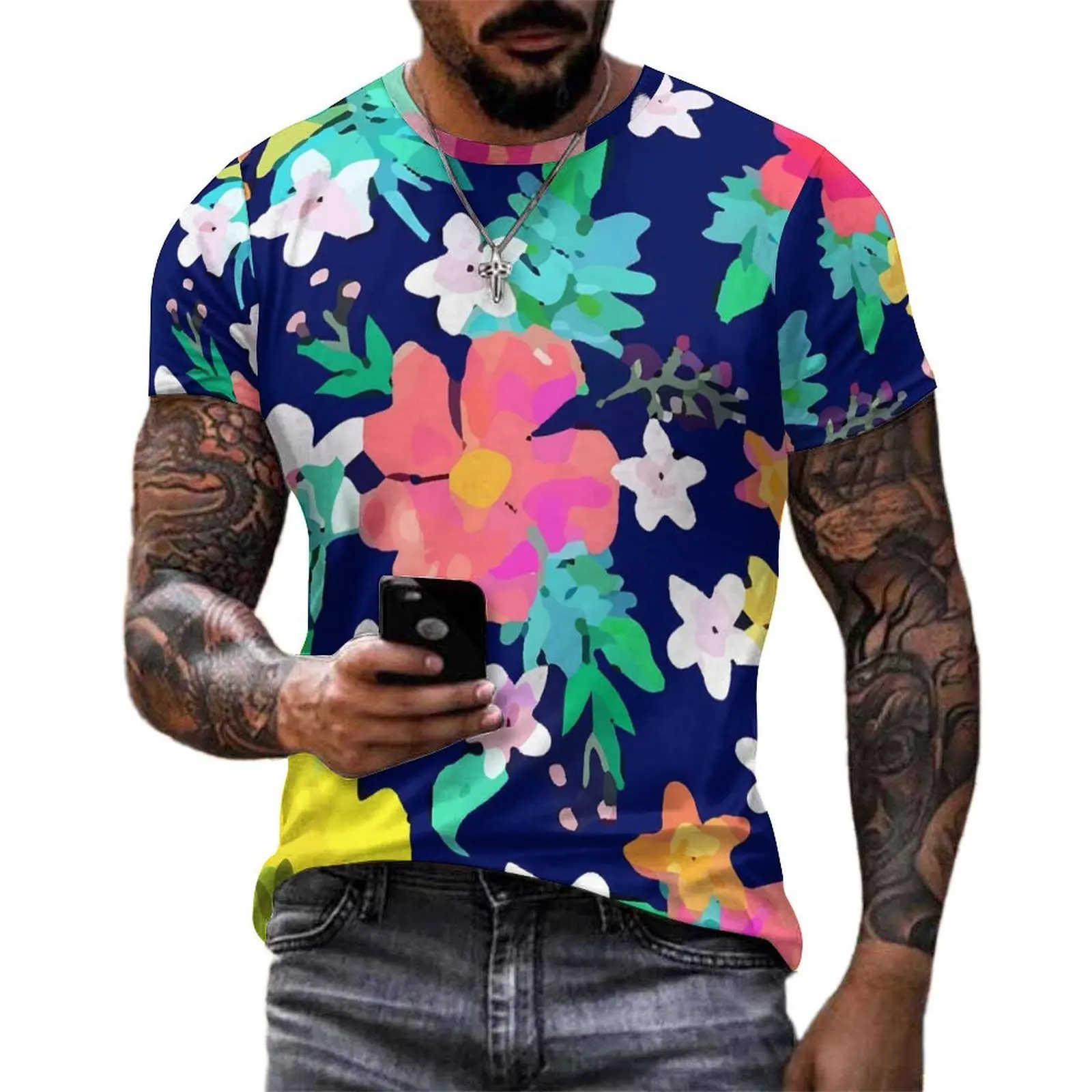 Tropical Floral T Shirt For Man Colorful Print O Neck T Shirts Summer Vintage Clothing Short-Sleeved Streetwear Plus Size Tees