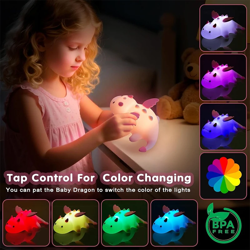 NEW Dragon Night Light for Kids,Rechargeable 7 Colors Silicone Night Light with Magnetic Base & Timer, Dimmable Nursery for Gift