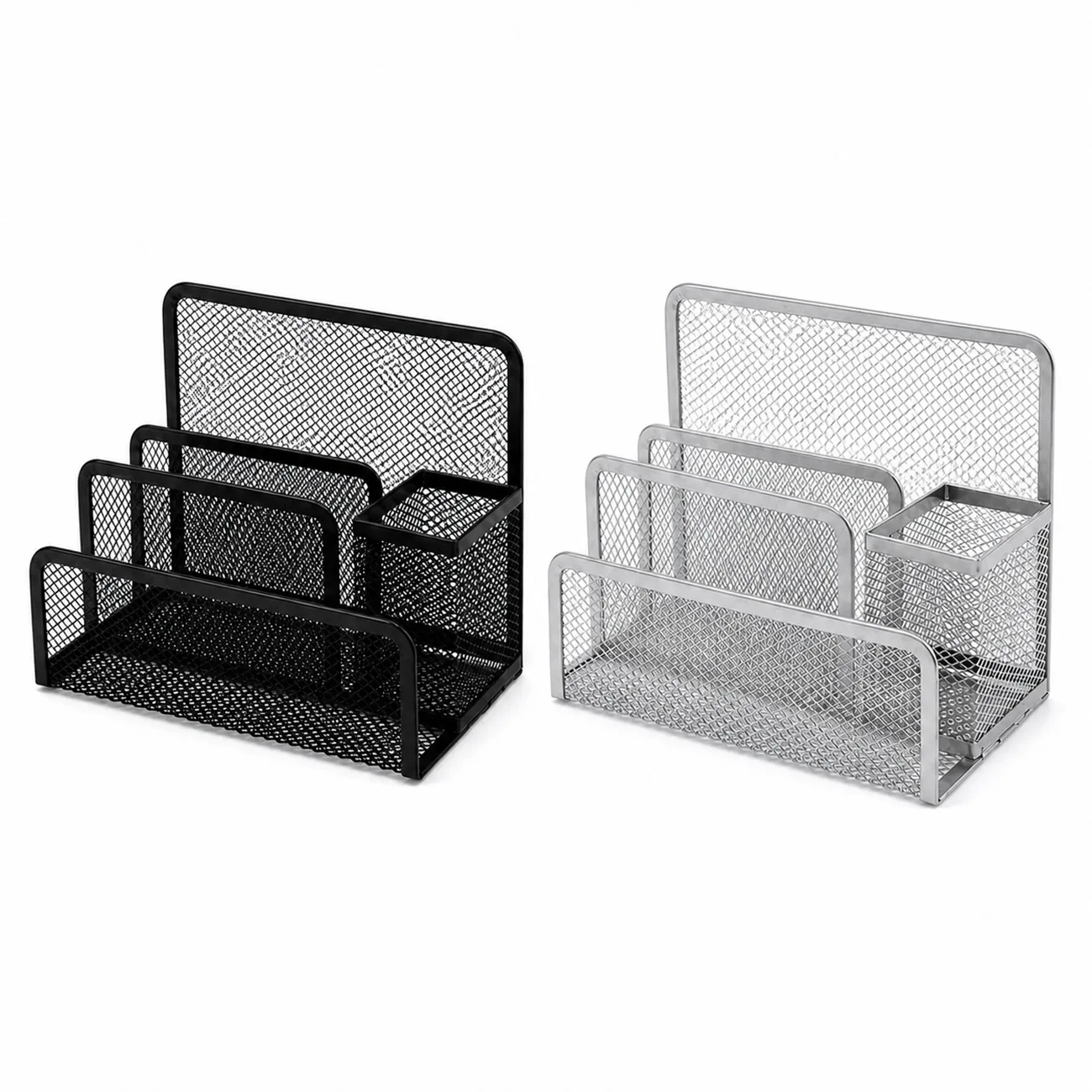 Organisateur de bureau en maille métallique avec compartiments pour crayons, notes et documents, support multifonctionnel pour le bureau et la maison, dimensions 17,4x13x8,3 cm, noir et argent