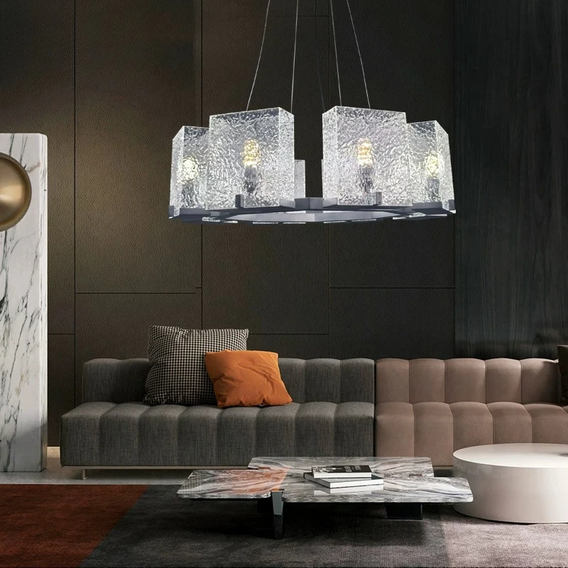 Modern Ring Chandelier with Textured Water Ripple Glass Shades Black Metal Frame Pendant Light Fixture for Living Room Bedroom