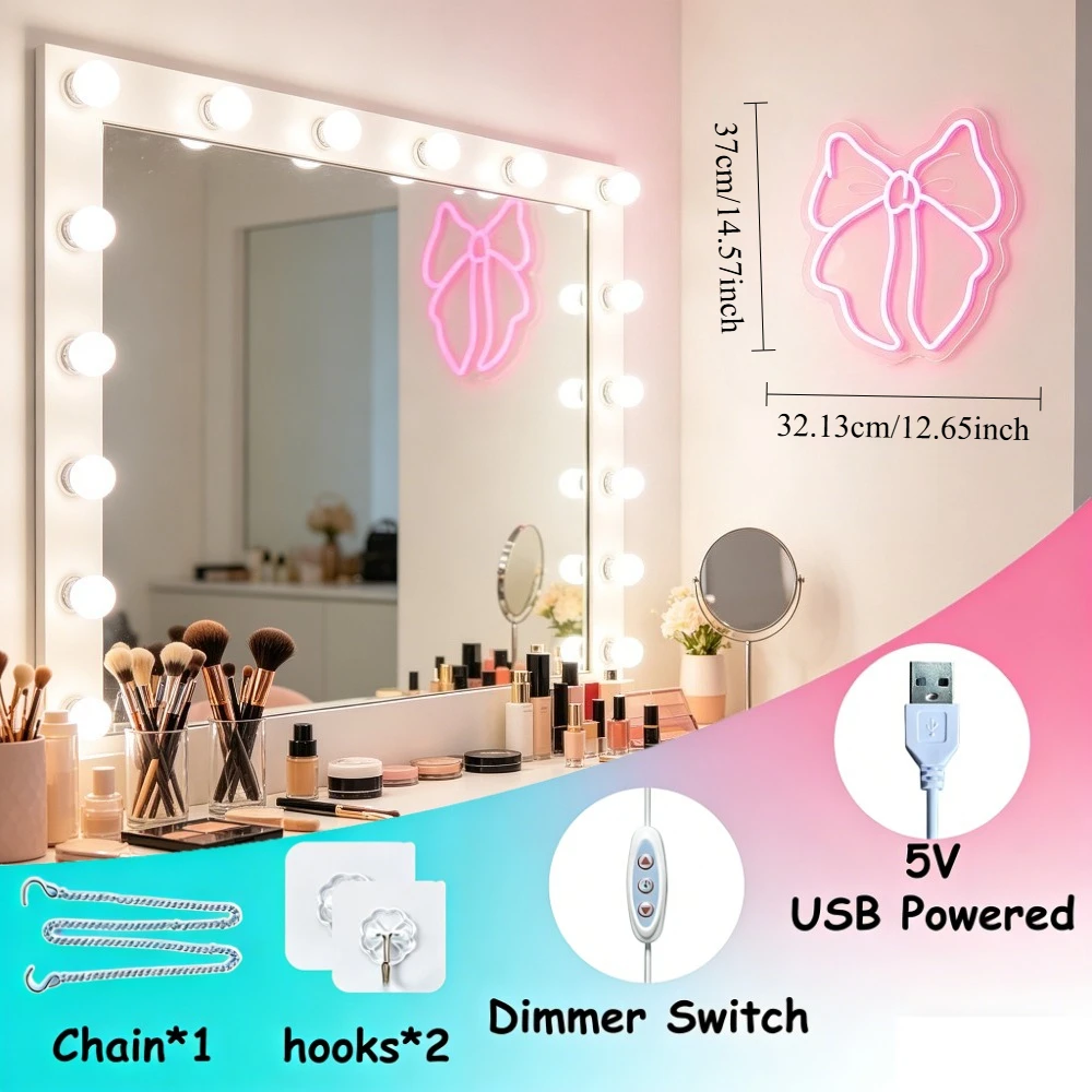 Butterfly Bow Neon Sign Dimmable USB Wall Light for Girls Bedroom Vanity Princess Room Makeup Salon Wedding Birthday Party Decor