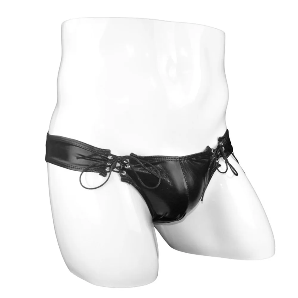 

Bandage Mens Lingerie Patent Leather Underwear Sexy Convex Pouch Briefs Adjustable Drawstring Erotic Lingerie Low Rise Knickers