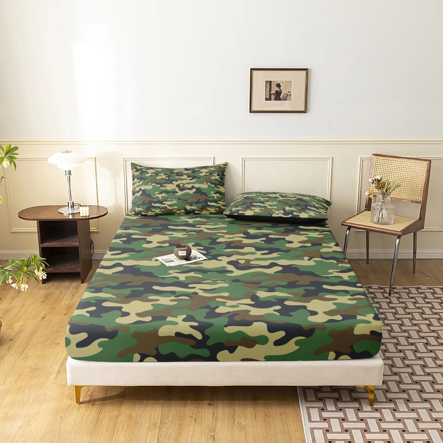 3pcs Vintage Military Camouflage Print Fitted Sheet Set,Ideal For Bedroom And Guest Room, Mattress Protector, Bedding