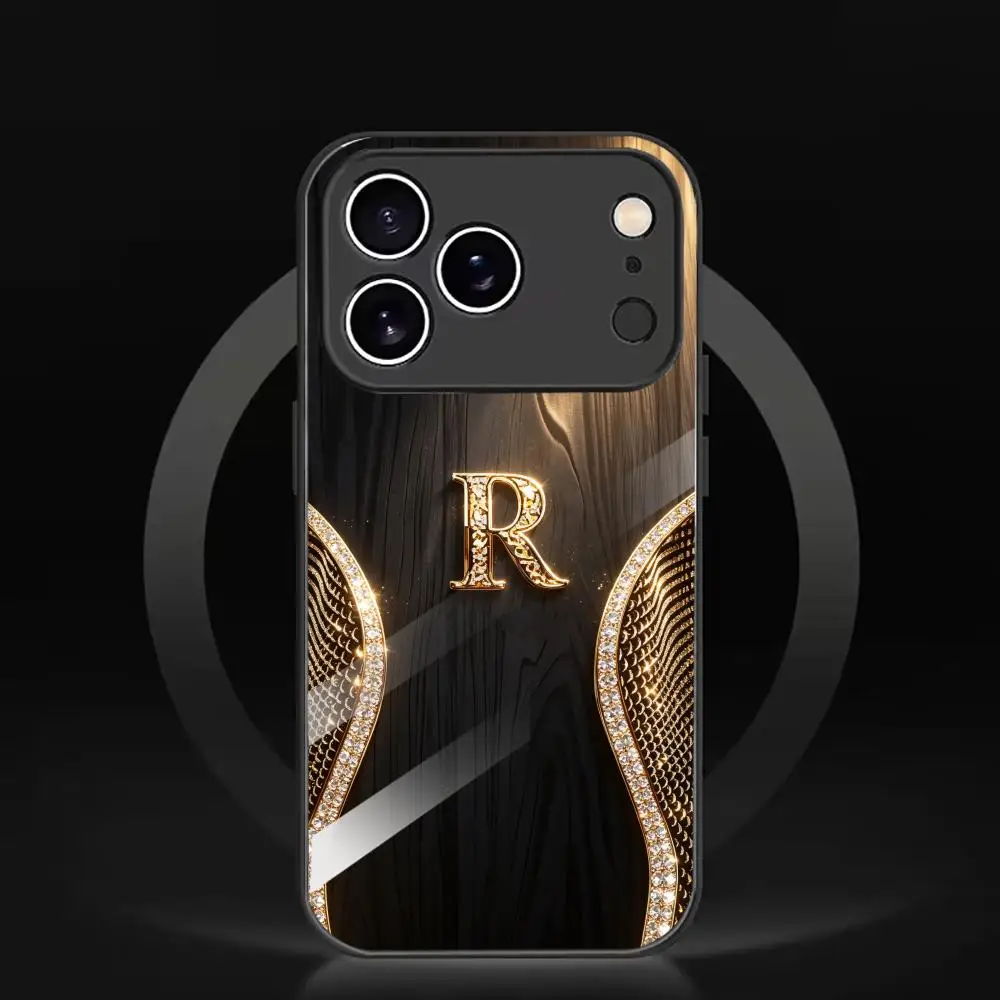 Wood-grain gold letter "R" Tempered HD Glass Fashion phone case for iPhone18 /17/16/15/14/13/12Promax Pro Plus Air Dropresistant