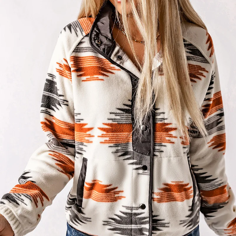 

Winter Women's Ethnic Style Printed Cardigan Fleece Jacket Contrast Color Fashion Wholesale European American Women's Coat