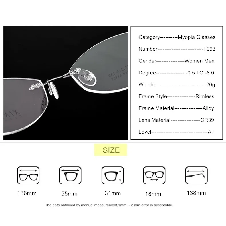 Randlose Brillen für Kurzsichtigkeit sphärisch -0.5 bis -8.0 zylindrisch -0.5 bis -2.0 Titanlegierungsgestelle für Damen und Herren Blaulichtfilter oder photochrome Gläser F093 – Detail 10