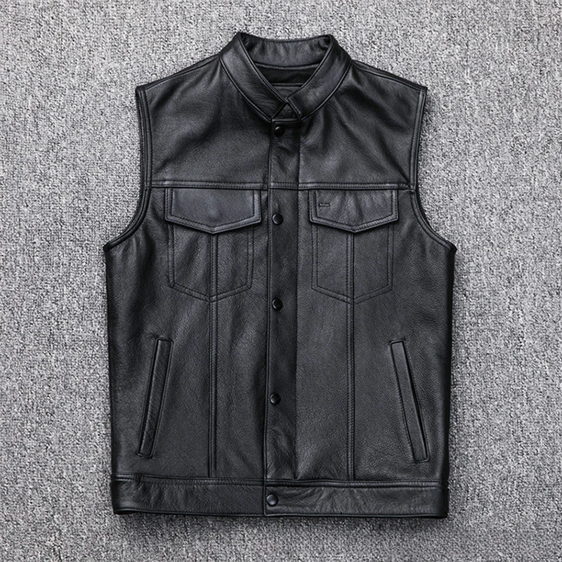 2024 New Men\'s Leather Vest Zipper Button Casual Motorcycle Vest Men\'s Punk Rock Sleeveless Leather Tops PU