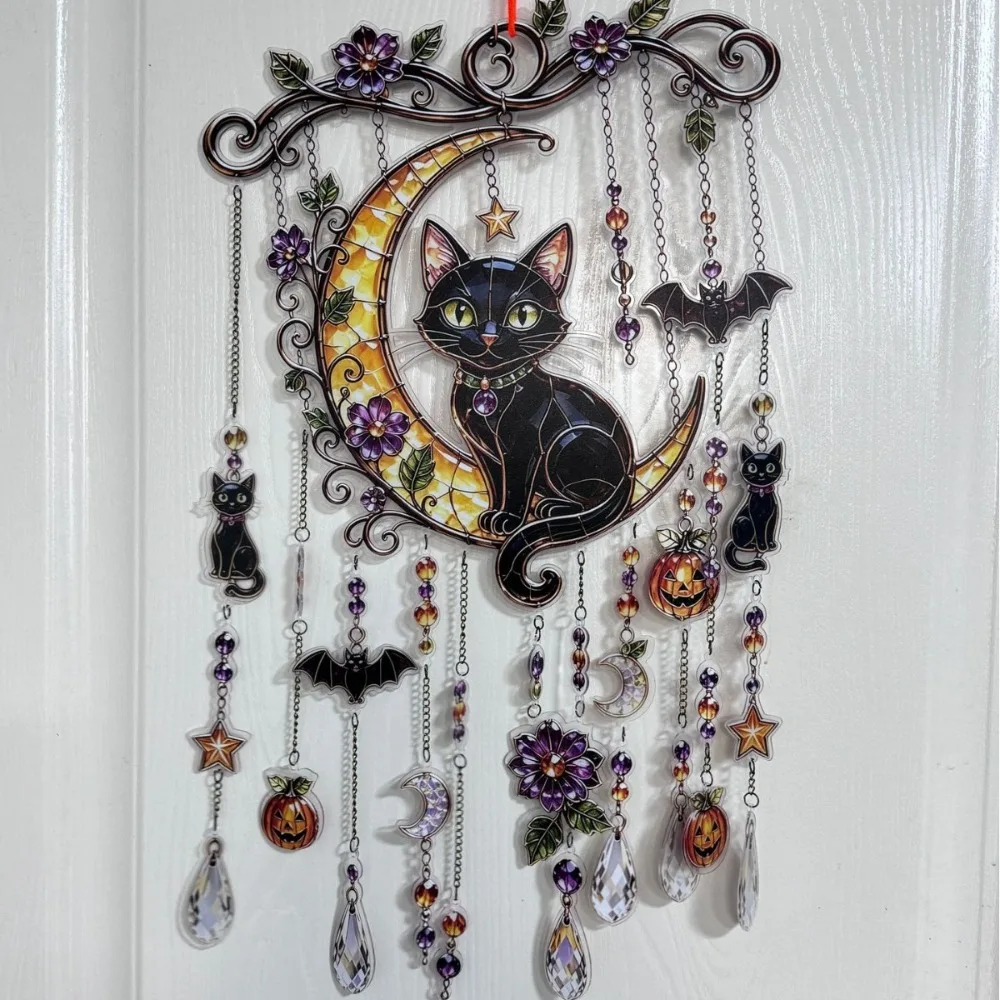 Halloween Themed Crystal Wind Chime Hanging Chain Dangling Strands Hanging Ornament Bead Accents Stained Glass Wind Chime