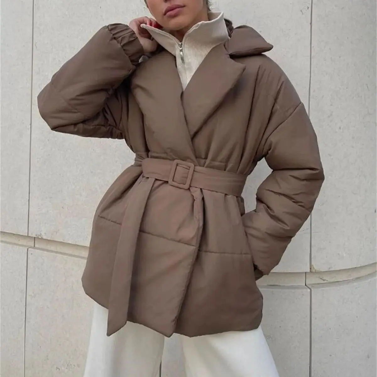 Lapel Winter New Thickened Jacket Fashion Solid Puffer Jacket Women Vintage Belt Loose Warm Parkas Coats Ladies Casual Outwear