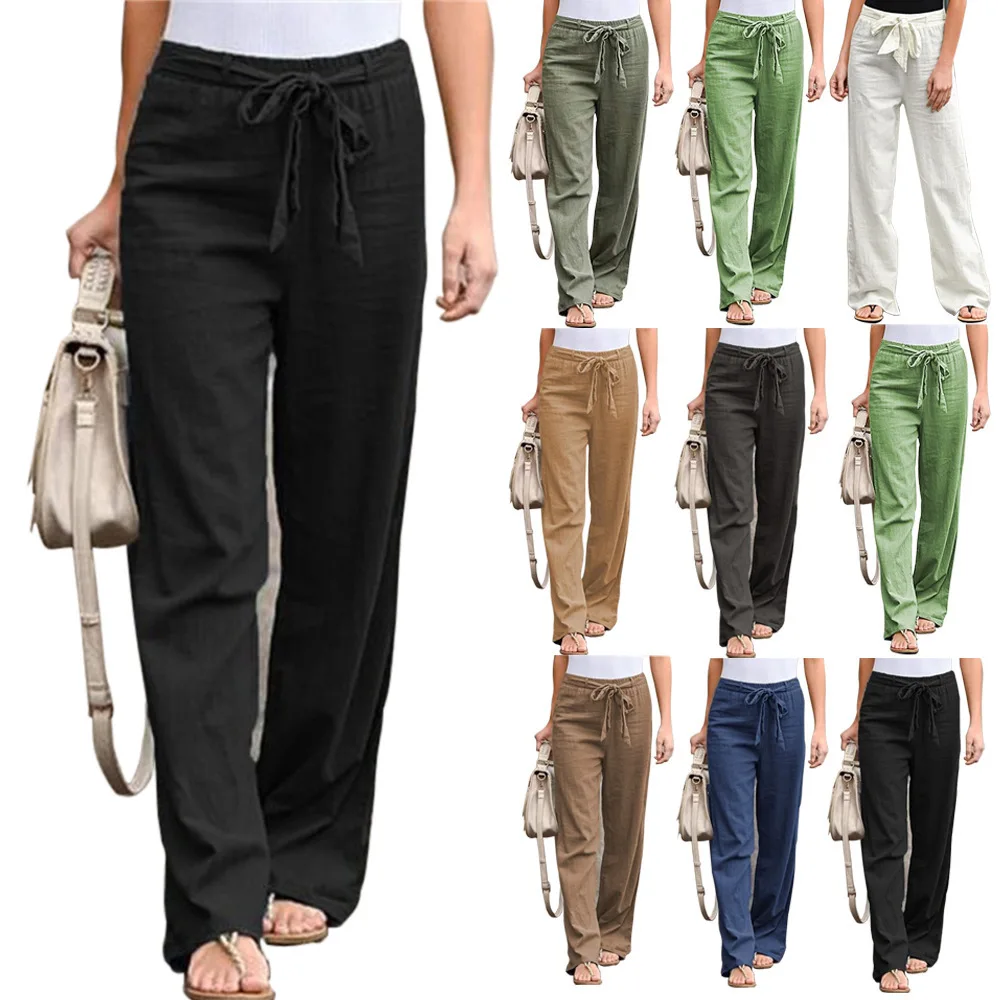 Women Cotton Linen Wide Leg Pants 2023 Casual Loose Elastic Waist Straight Trousers Female Solid Oversize Sweatpants Streetwear