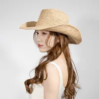 USPOP Hand-crocheted Natural Raffia Straw Cowboy Hat for Women Men Summer Wide Brim Sun Hat Outdoor Breathable Beach Caps - Image 2