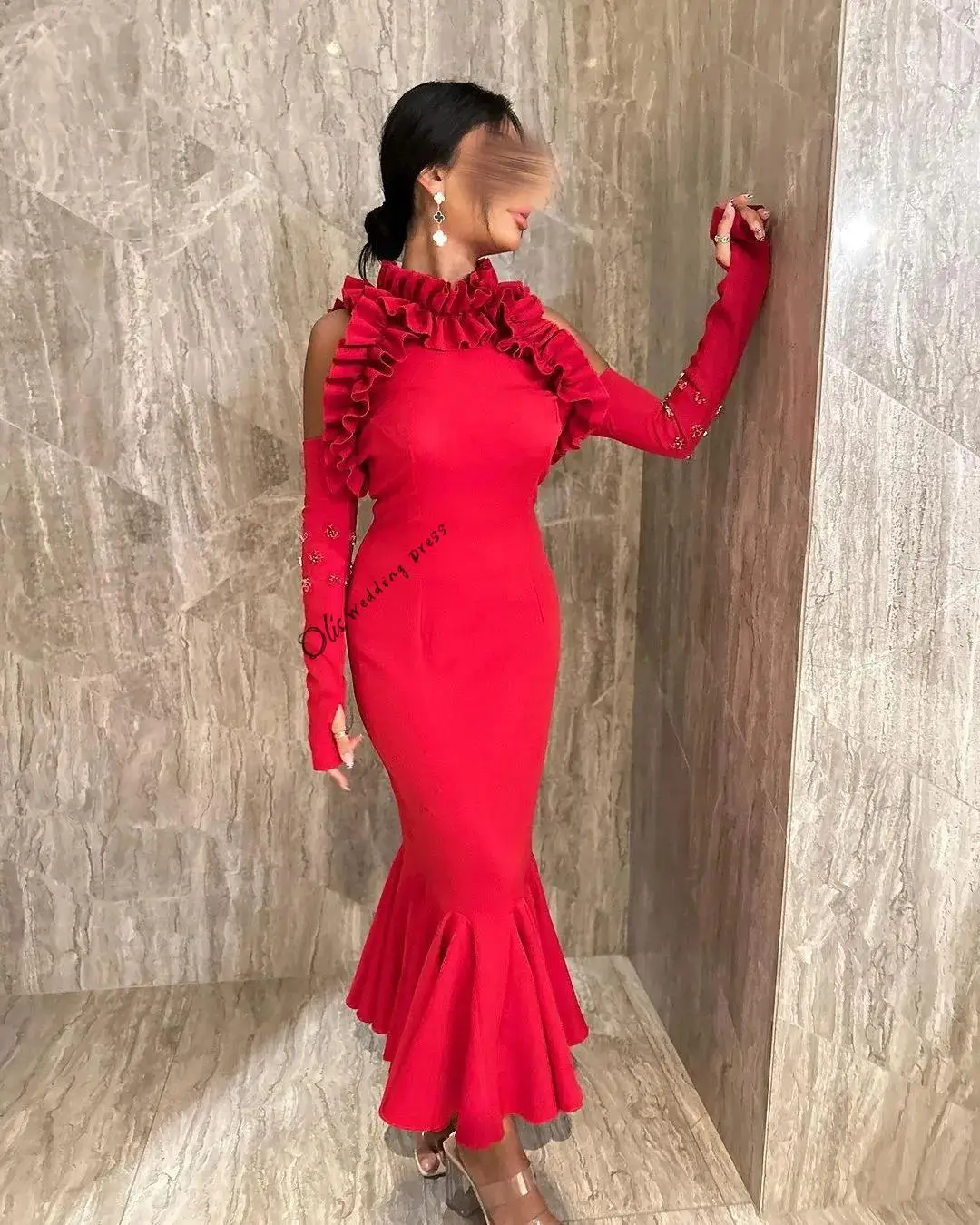 customized  Elegant Mermaid Prom Dresses High Neck Sleeveless Pleated Beadings Ankle Length Red Party Dresses Evening Dresses