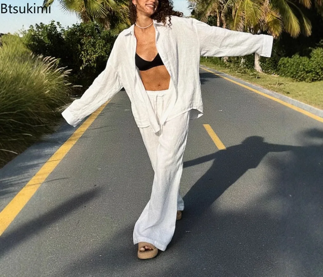 

2025 New Casual Cotton Shirt Pants Suit Lapel Single Breasted Loose Long-sleeved Shirt+Wide-leg Pants Casual Sets Women Clothing