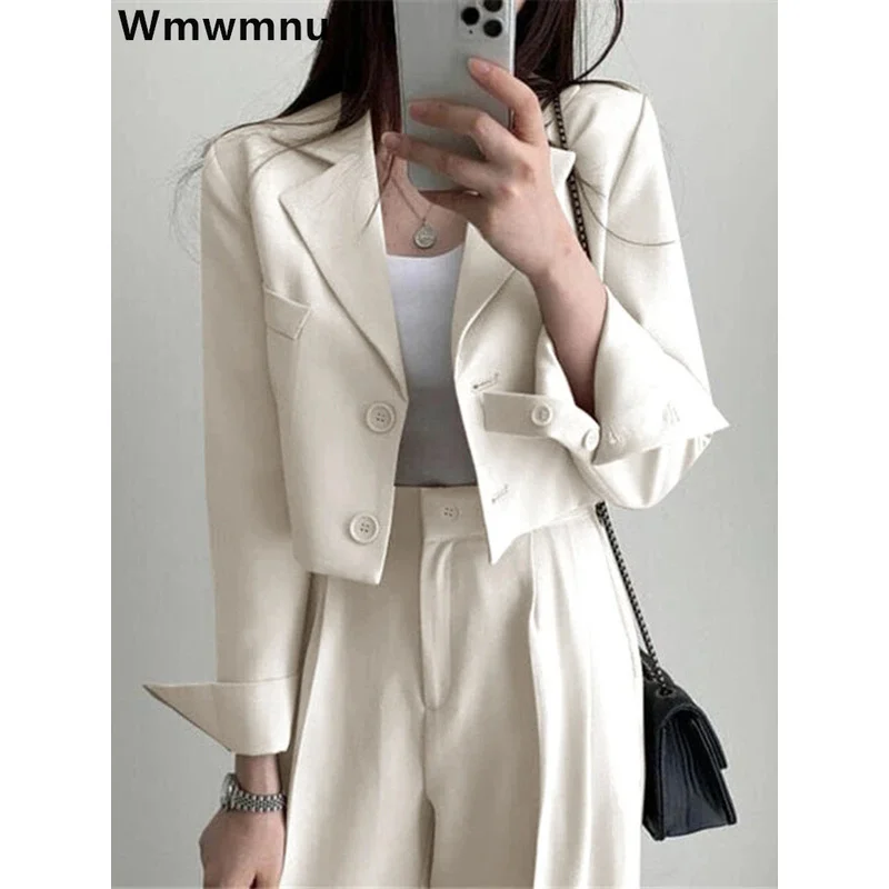 

Корейские короткие костюмы OL, женские повседневные свободные укороченные пиджаки, куртки Conjunto, новые широкие брюки с высокой талией, ансамбль, офисный наряд