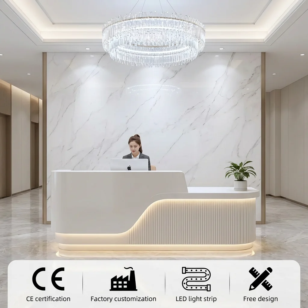 Customizable Wave Reception Desk With LED Light, Factory Wholesale Commercial Check-in Counter For Salon & Clinic