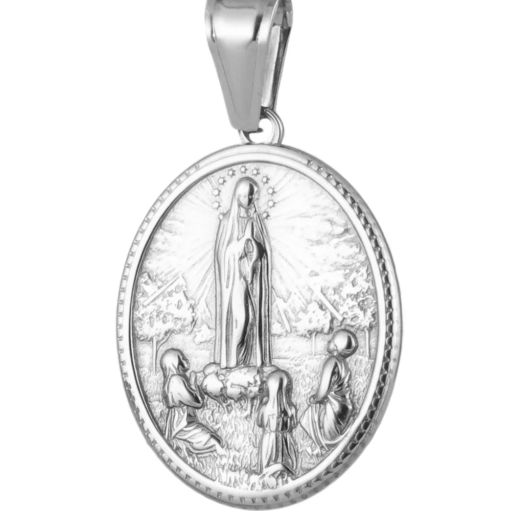 Edelstahl Katholischer N.S.De Fatima Anhänger Oval Unsere Liebe Frau von Fatima Medaille Amulett für Halskette DIY Schmuck Zubehör
