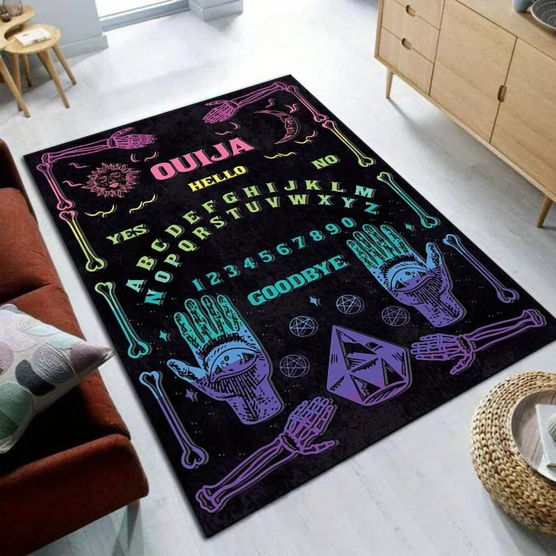Colorful Ouija Spirit Board Rug | Vibrant Skeleton Hands Carpet for Mystical Decor | Halloween Living Room Accessories