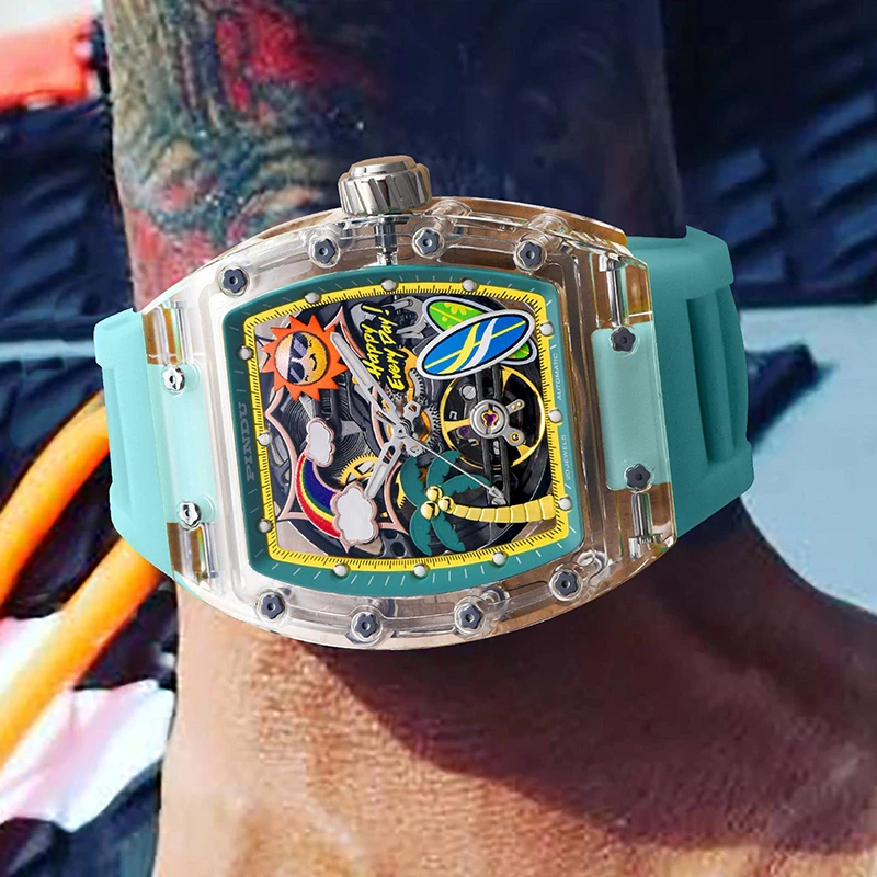 Il tema PINDU Watch Summer Beach combina il design di onde marine e l'atmosfera estiva con colori vivaci per l'orologio meccanico da uomo