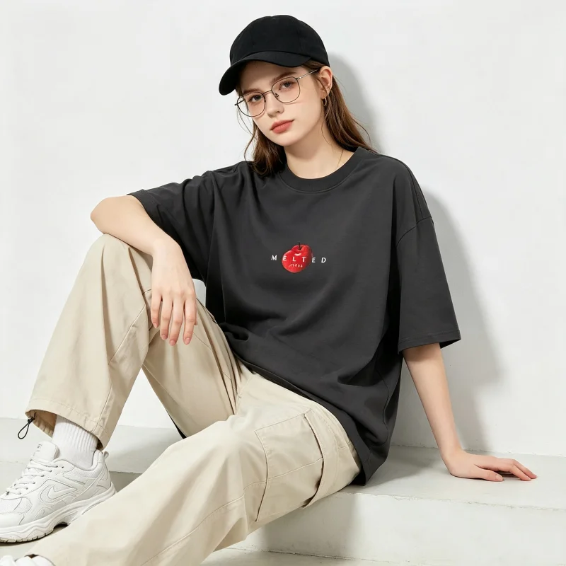 ZAZOMDE Soft Cotton Daily T-shirt Minimal Melted Red Apple Pattern Printing Short Sleeve O Neck Loose Street Fashion Tops