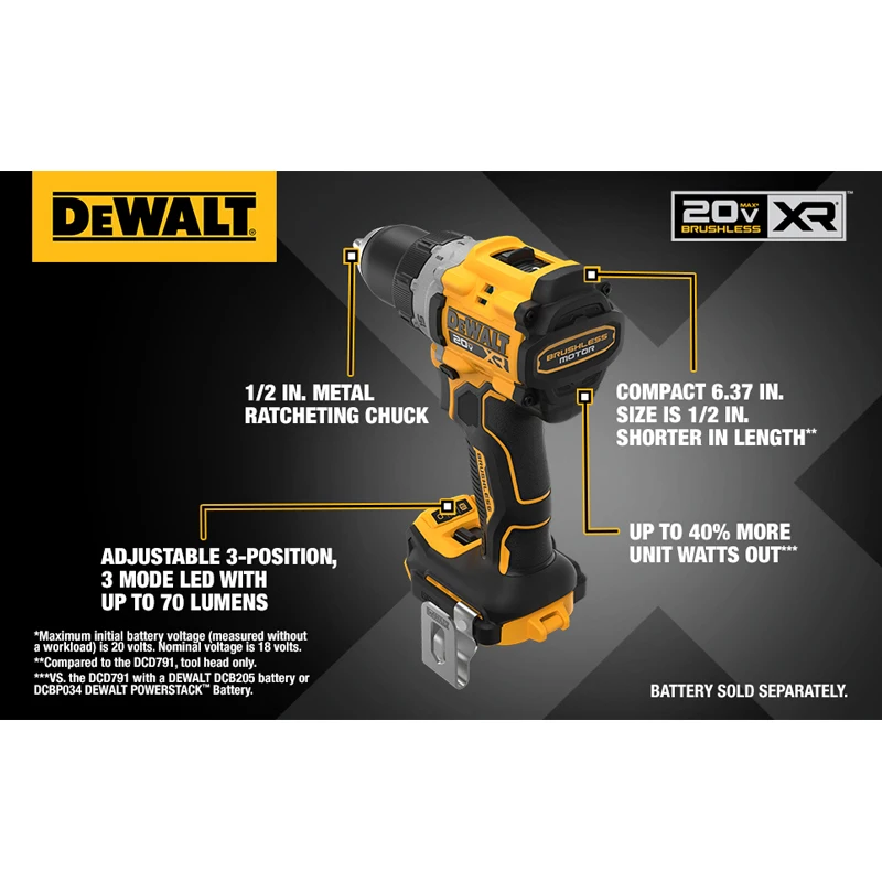 DEWALT DCD800 DCBP034 Electric Screwdriver POWERSTACK Battery Sets 20V XR Cordless Brushless Power Tool Driver 1/2-in