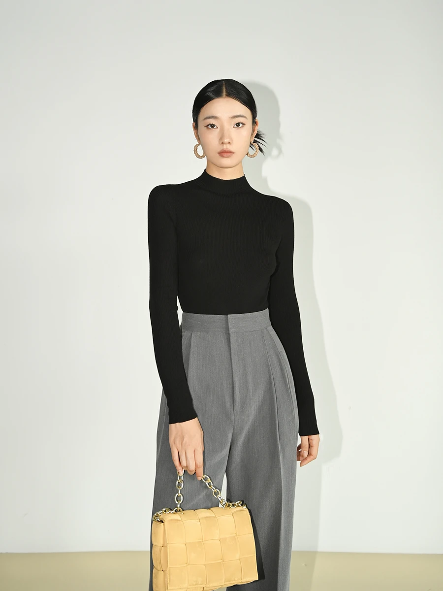 

Classic f High Ne Sl One-Piece Pure Wool Knitted Base irt Versatile Slimming Commute Sle Long Sve Sweater