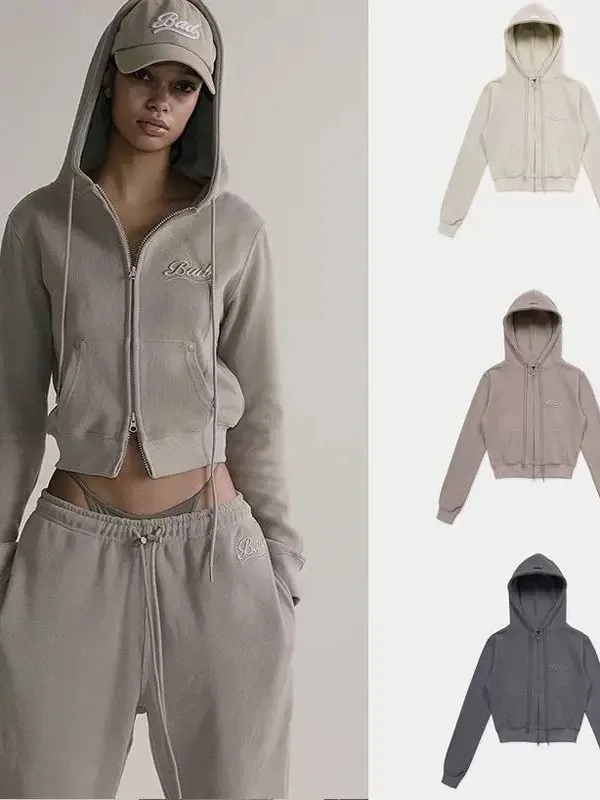 

American Sle Retro Lazy Hat Sweatirt Women's Design ort Loose Outerwear Faionable Zipper Pure Color Commute Sle