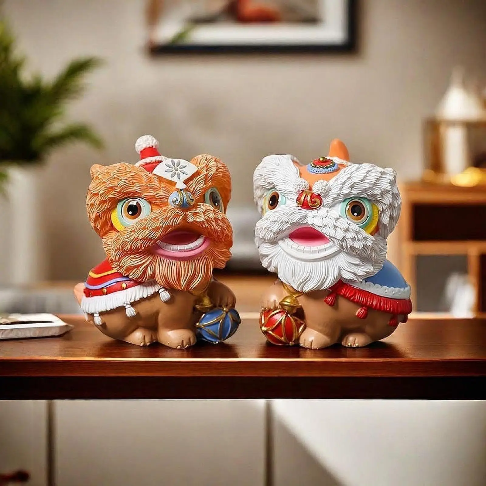 2 Pieces Chinese Lion Dance Statues Gift Ornaments for Bookshelf Car Desktop