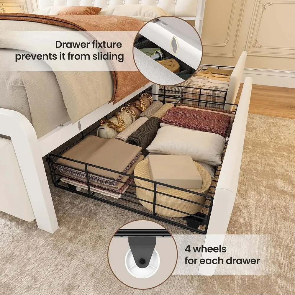King Size Velvet Bed Frame with 4 Drawers, LED Lights, Charging Station, Beige image 4