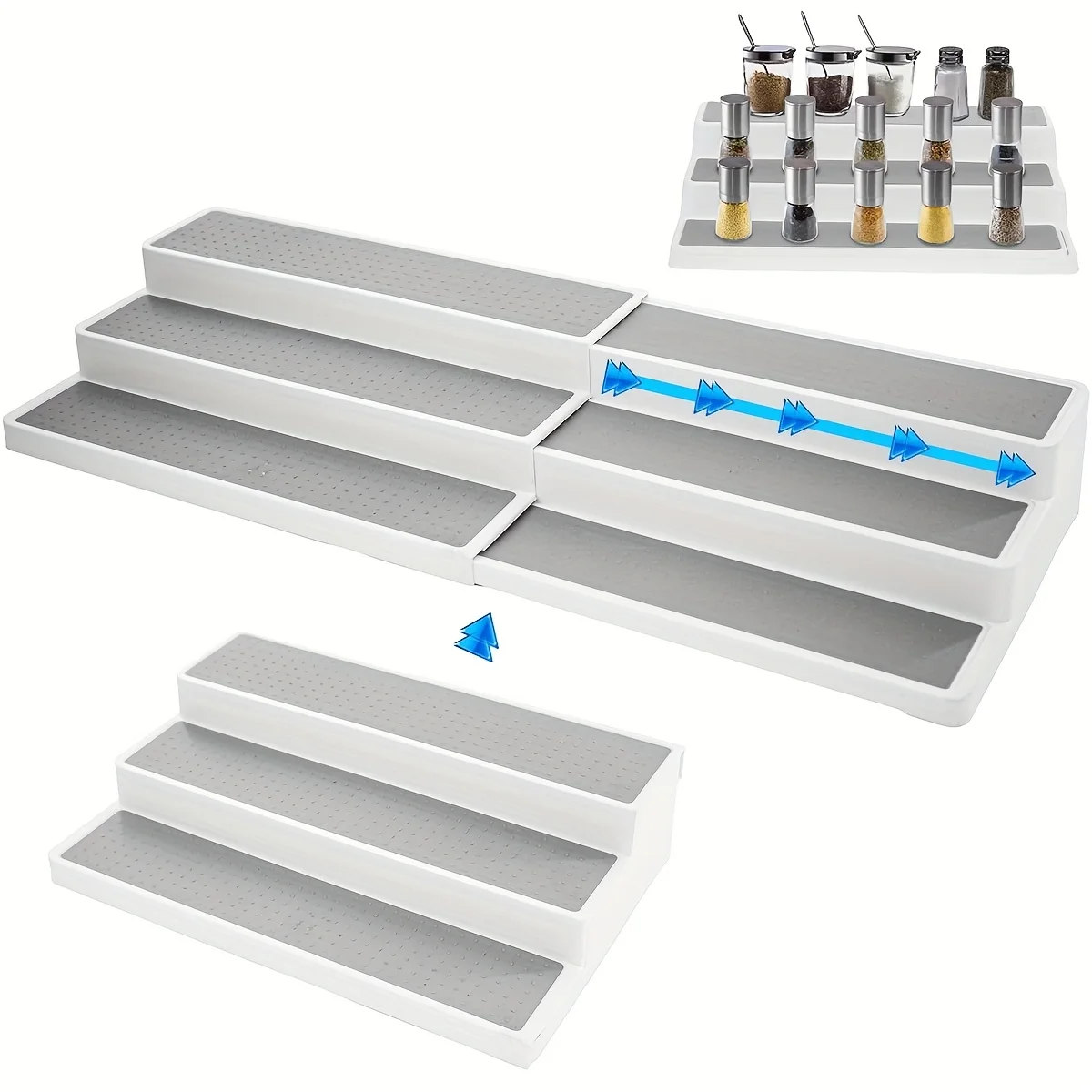 

3-х уровневый расширяемый органайзер для специй — пластиковая полка для специй регулируемой длины, три яруса для легкой видимости для кухни