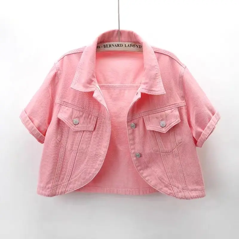 

Spring Summer Women Denim Jacket Solid Color Casual Short Denim Coat Female Short Sleeve Pink Jean Jacket Outerwear Chaquetas