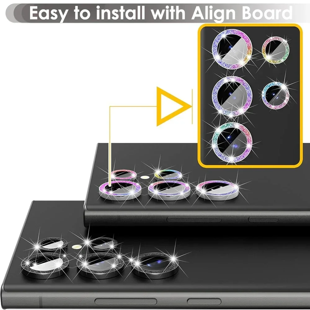 

For Samsung S25 Ultra S23 S22 S24 Ultra Camera Lens Protector Glitter Bling Individual Aluminium Alloy Ring With Align Board
