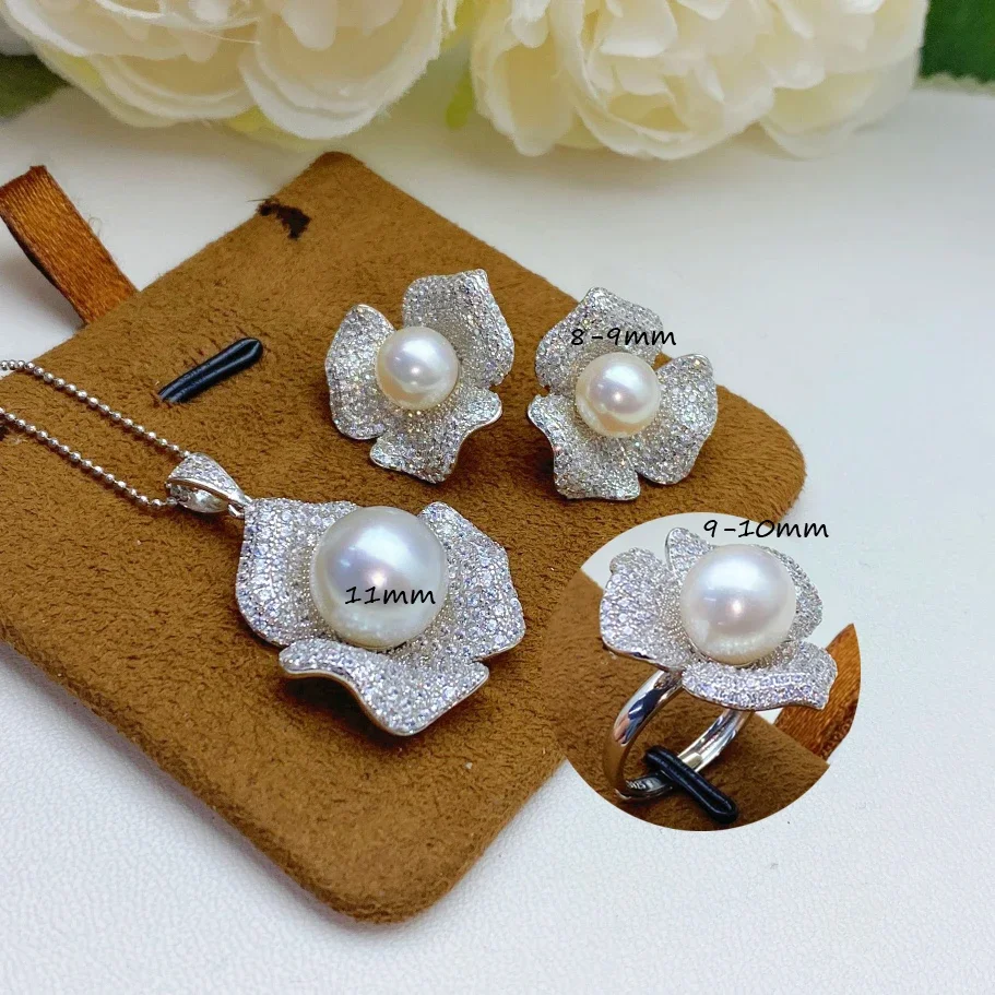 

Natural Japanese Round Pearl AAAA9-10mm Fashion Flower Jewelry Set 925 Pendant 18 inch+Earrings+Open Ring Exquisite Jewelry