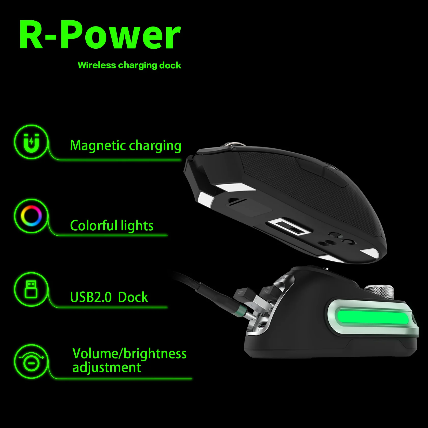 Fanxoo R-Power Mouse Charging Dock for Razer Viper Basilisk Ultimate Naga with RGB and computer volume control knob