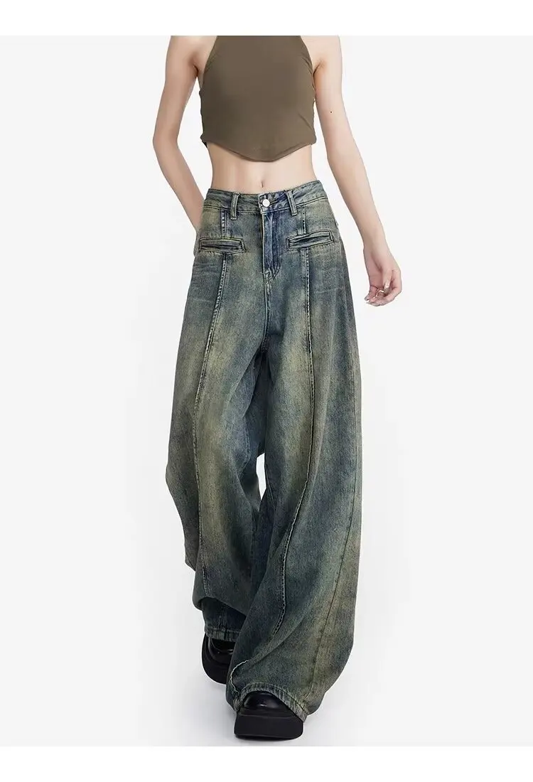 2024 Design Denim pantaloni a gamba larga vita alta moda Jeans a figura intera mostrano pantaloni classici sottili Streetwear coreano di tendenza retrò