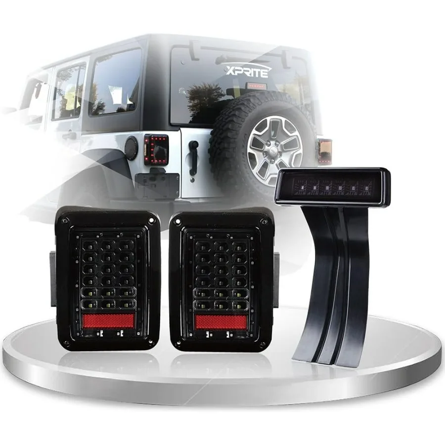 

Clear Lens Red LED Tail Light w/Turn Signal & Back Up & Smoke 3rd LED Brake Light Assembly Compatible with Jeep Wrangler JK JKU