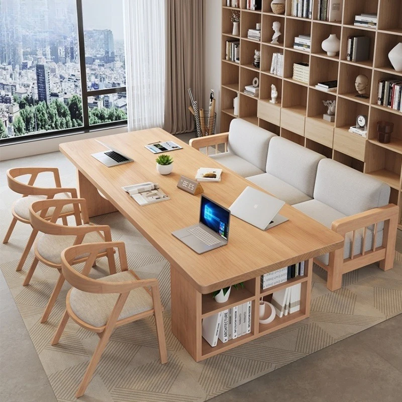 Living room double reading study desk workbench solid wood large desk bookcase integrated simple household long table