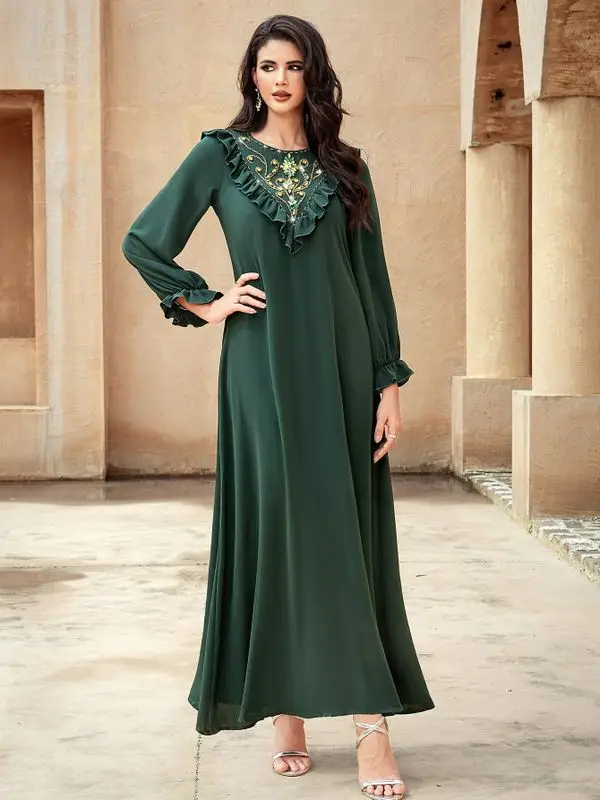 

Middle East Sle Handmade Beaded Long Sve round Ne Dr een Large Size Ele A-Line Dr for Women in Autumn