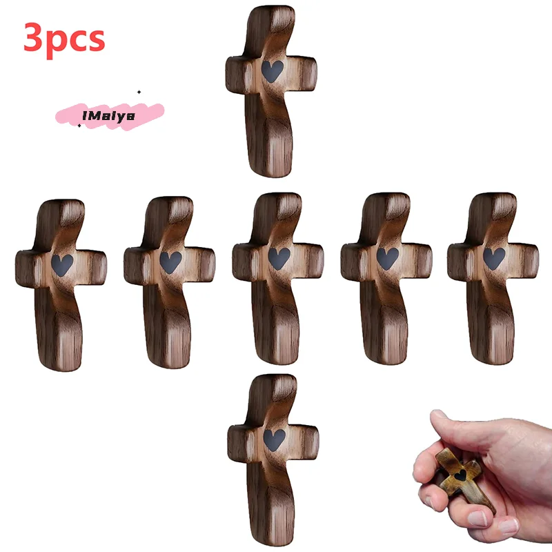 M-3Pcs Christian Prayer Handheld Wooden Cross with Heart Encouragement Gift Walnut Emotional Support Pocket-Sized