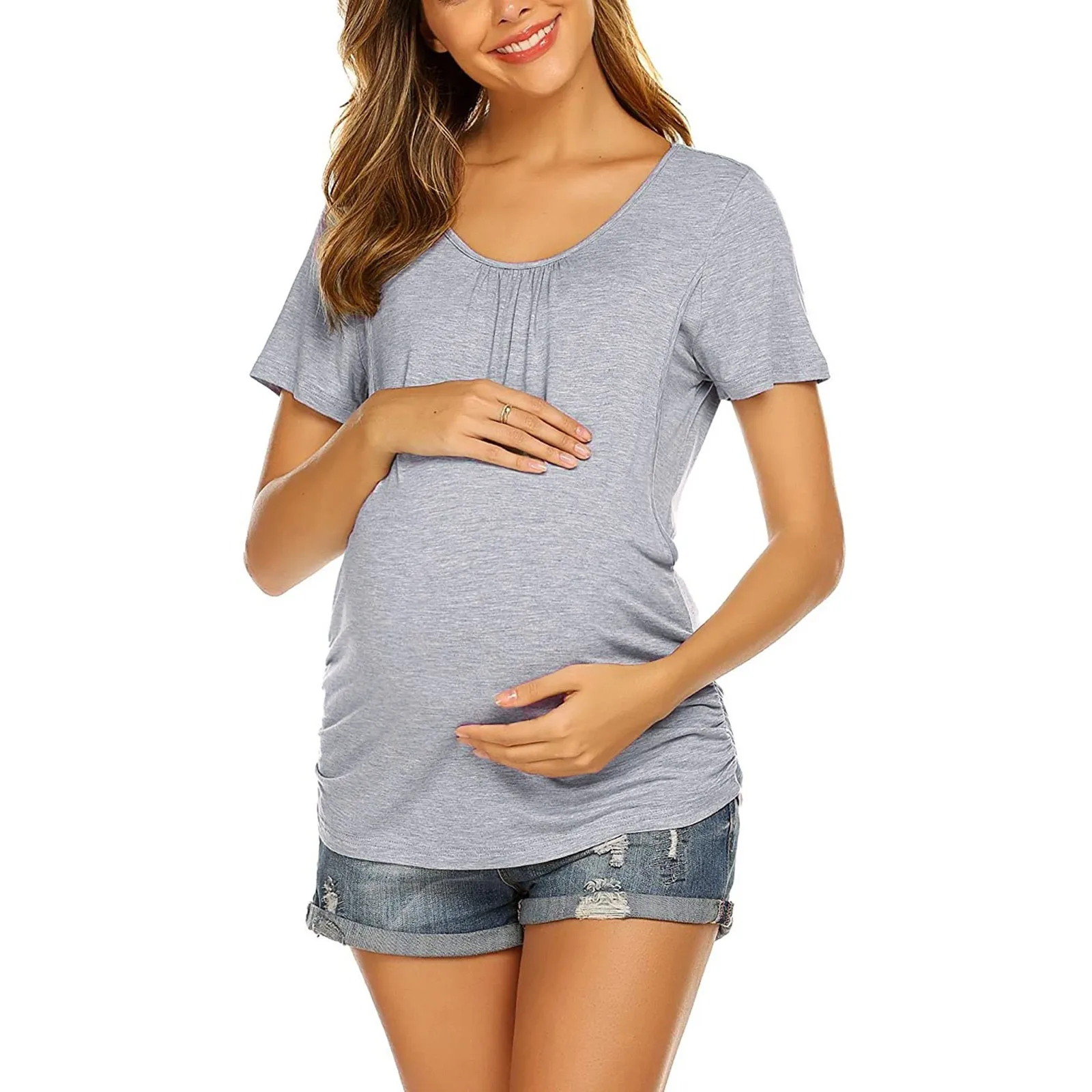 Frauen Schwangere Mutterschaft Kleidung Stillen Tops Stillen T-shirt Schwangerschaft Mutterschaft Tops T-shirts Soild Farbe Sommer Hemd – Detail 3