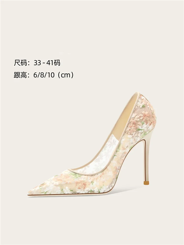 Spring/Summer New High Heels Mesh Lace Embroidered Fine Heels Banquet Pointed Shallow Mouth Large Size Small Size Women's Sandal