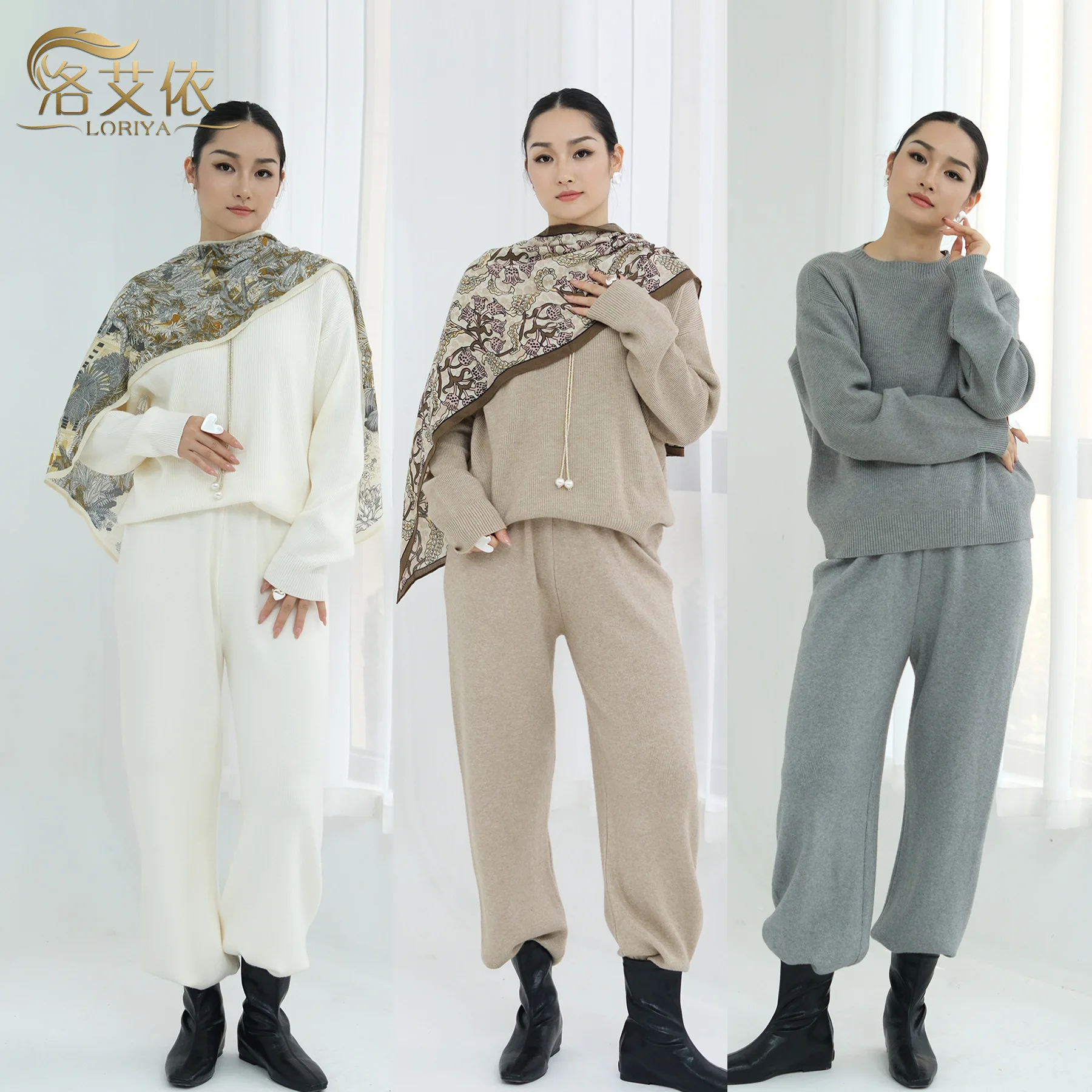 Autumn Winter Muslim New Fashion Women's Solid Color Casual Trendy 2 Piece Sets Long Sleeve O-neck Tops Straight Trousers Female