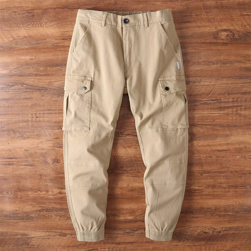 American Retro Style Men's Casual Pants, Fit Washed Cotton Solid Color Multi-Pockets Cargo Pants, Fashion Outdoor Jogger Pants