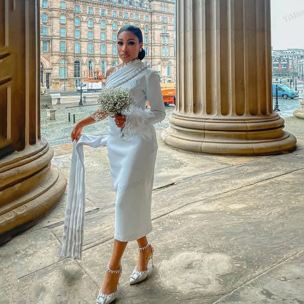 Civil Wedding Dresses For African Feathers One Shoulder Beaded Full Sleeve Straight Satin wedding reception dress Customized